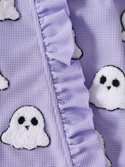 Wholesale 0-18M Baby Girls 2Pcs Ruffle Zipper Halloween Towel Embroidery Jumpsuit Set, Soft Waffle Knit Pumpkin Ghost Romper With Bow Headband