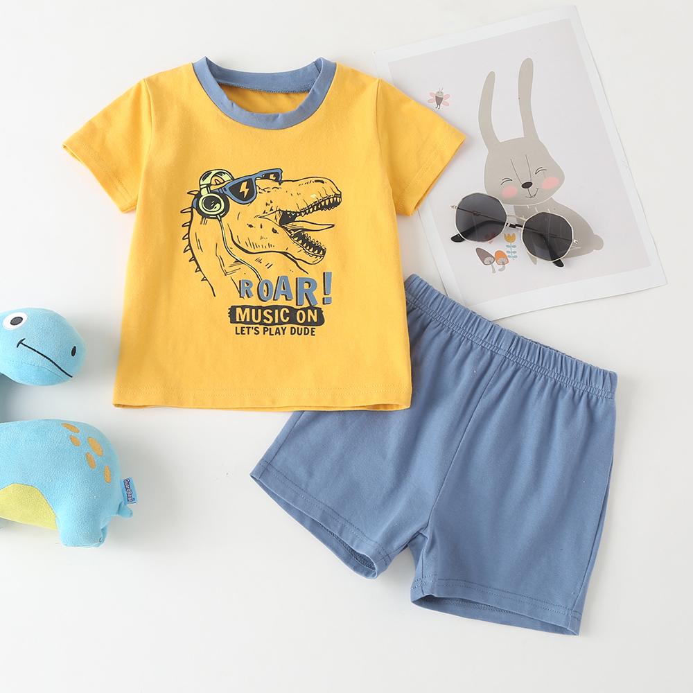 3-24M kid fashion boys Clothes Dinosaur Short sleeve shirt Elastic Shorts 2pcs Outfit Yellow catpapa 2184131