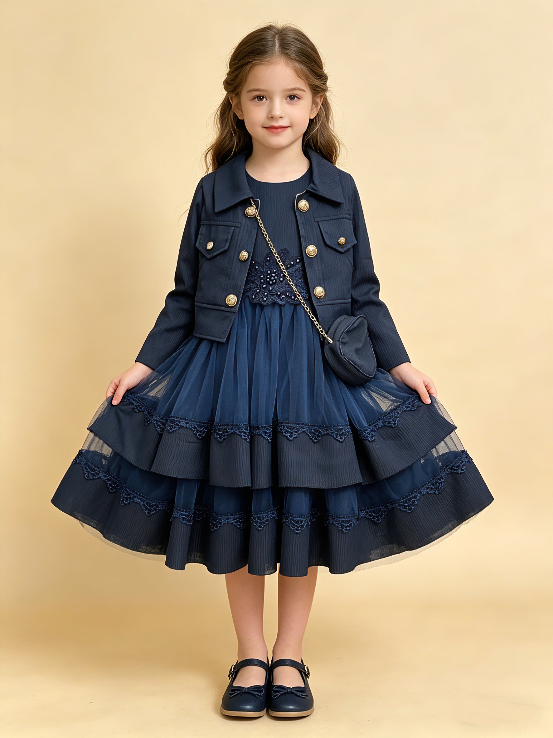 Wholesale 4-10Y Girls 3Pcs Rib Knit Lace Tulle Princess Dress Set, Kids Birthday Party Lapel Jacket Soft Fabric Formal Outfit With Mini Bag