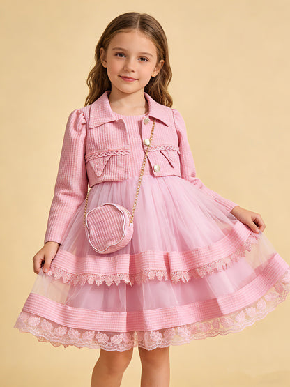 Wholesale 5-10Y Girls 3Pcs Waffle Lace Tiered Tulle Princess Dress Set, Kids Birthday Party Lapel Jacket Soft Fabric Formal Outfit With Mini Chain Bag