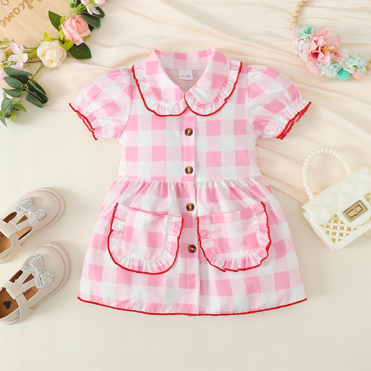 3-24M Ready Stock Baby Girls Dress Checker Print Doll Collar Bubble Sleeve Pocket Dress One Piece Sund Dress Pink Catpapa 312302013