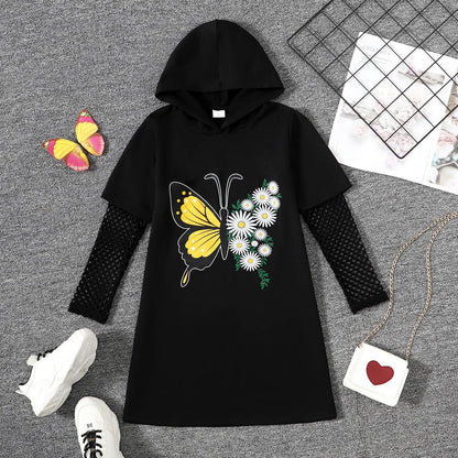 8-14Y Kid Girls Dress Butterfly Daisy Print Grid Hollow Out Long Sleeve Hoodies Dress One Piece Casual Dress 8-14Y Black Catpapa 462308031