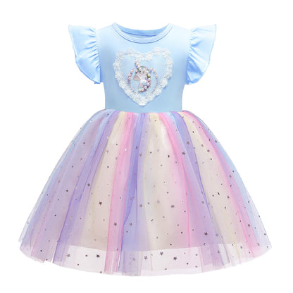 2-10Y Kids fashion Baby Girls Dress Summer Thin Section Knitted Unicorn Rainbow Skirt Mesh Princess Dress Catpapa 8131