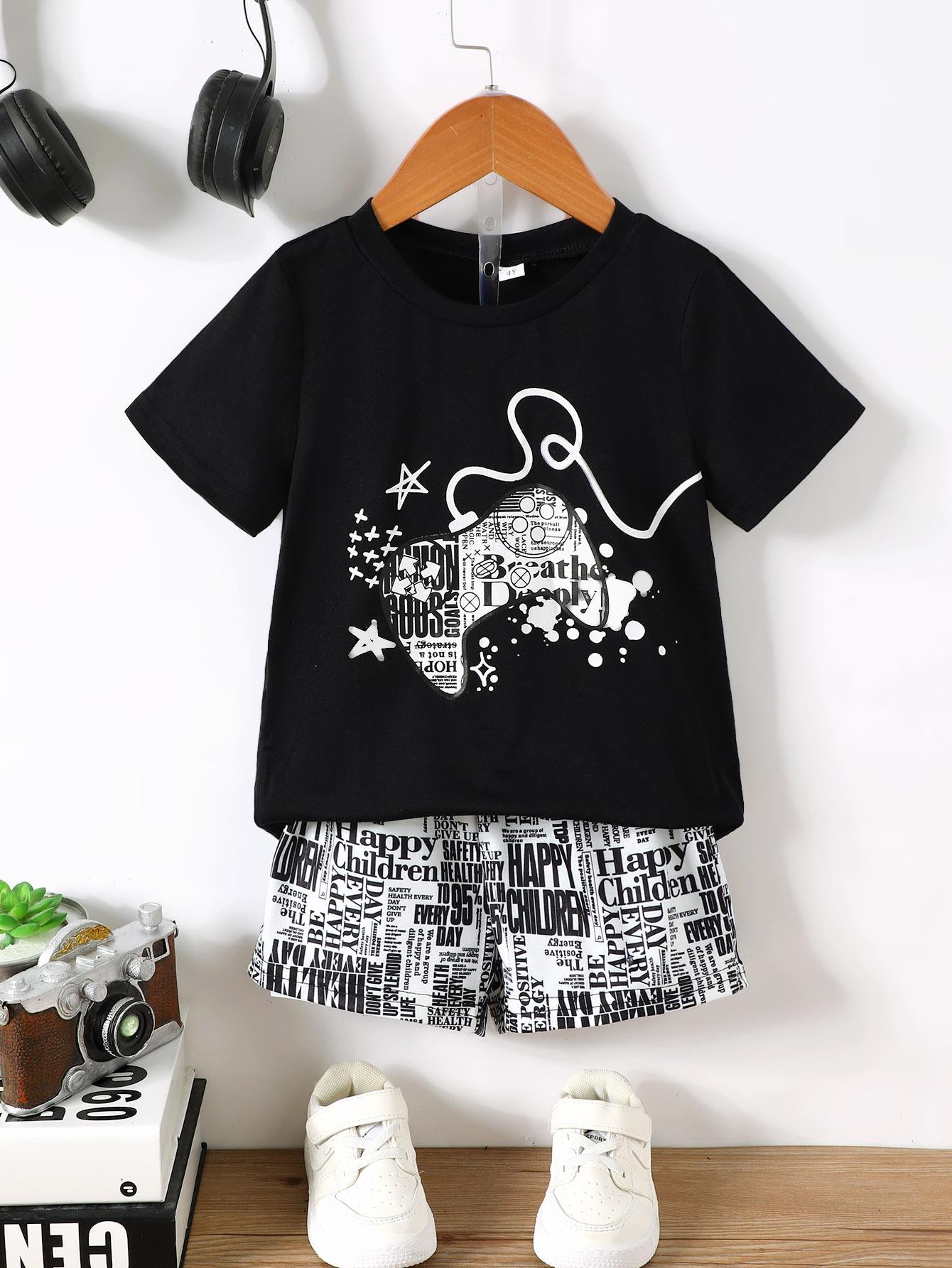 4-7Y Baby Boys Clothes Set Games Console Print Casual Tops For Summer Elastic Full Print Shorts 2Pcs Outfits Black Catpapa YCF112210752