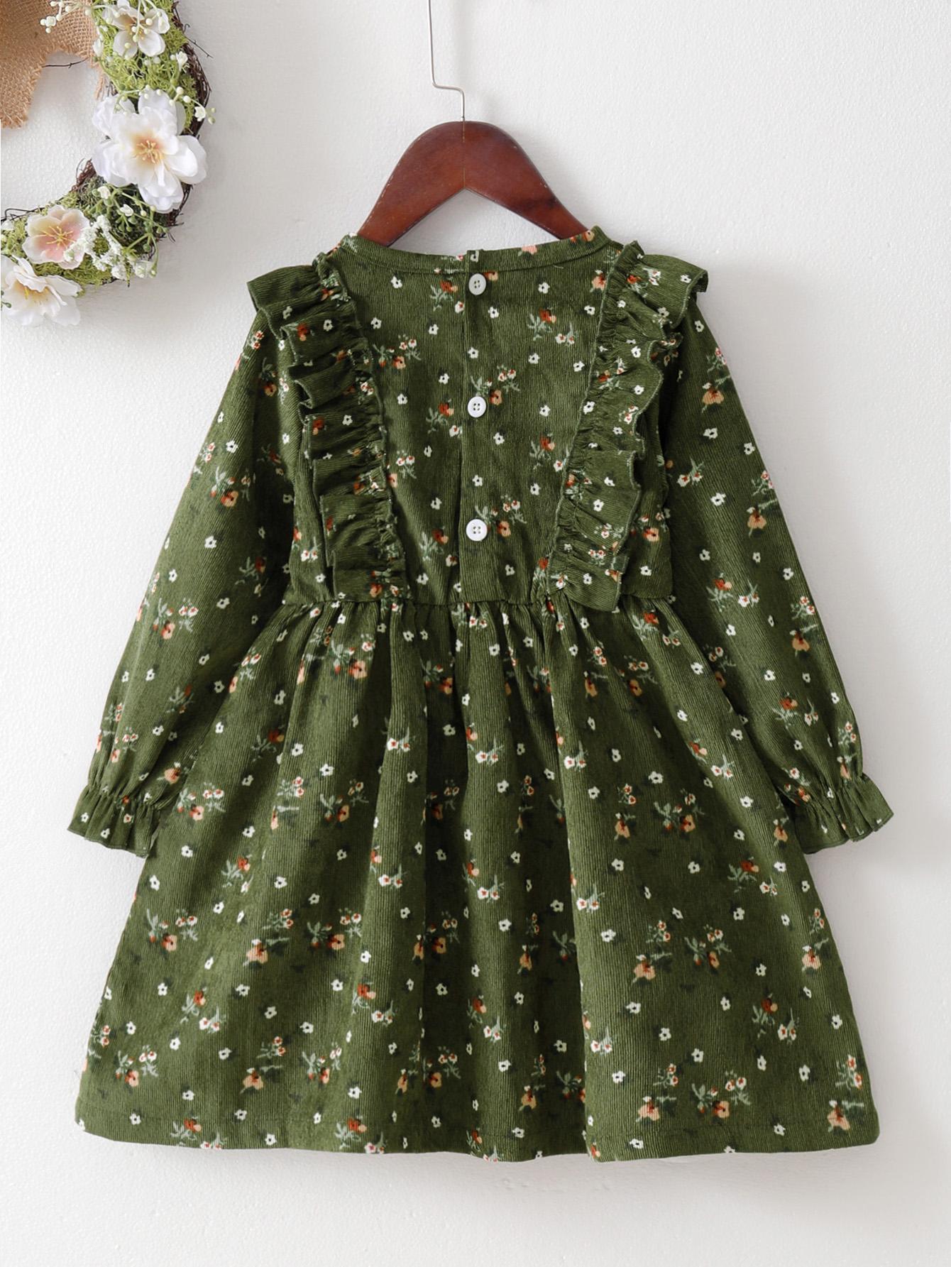 1-8Y baby girl green floral corduroy long-sleeved dress baby girl autumn and winter dress baby girl clothes Catpapa 12108520