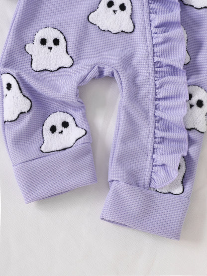Wholesale 0-18M Baby Girls 2Pcs Ruffle Zipper Halloween Towel Embroidery Jumpsuit Set, Soft Waffle Knit Pumpkin Ghost Romper With Bow Headband