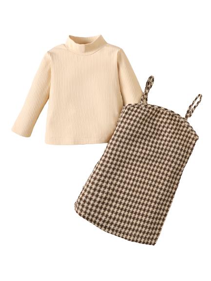 9M-4Y Ready Stock Baby Girl Solid Color Long-sleeve Stand-up Collar Tops Checker Suspender Dress For Fall 2Pcs Suit Apricot Catpapa 462305153