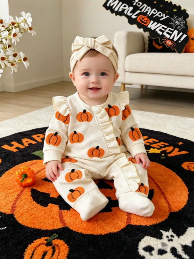 Wholesale 0-18M Baby Girls 2Pcs Ruffle Zipper Halloween Towel Embroidery Jumpsuit Set, Soft Waffle Knit Pumpkin Ghost Romper With Bow Headband