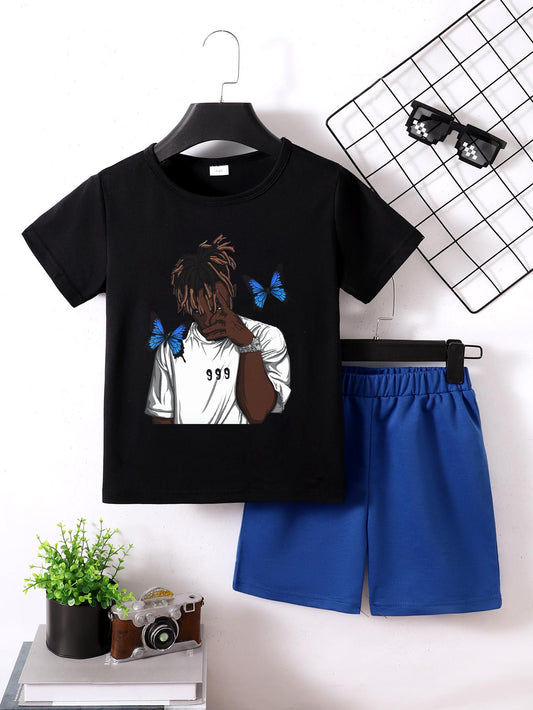 7-15Y Ready Stock Big Boys Summer Clothes Boys Outfits Cool Hip Hop Rapper Print T-shirt Elastic Shorts Sets 2Pcs OOTD Black Catpapa  462312017