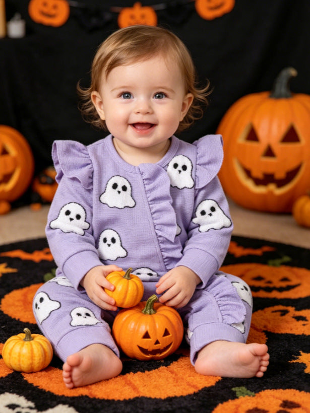 Wholesale 0-18M Baby Girls 2Pcs Ruffle Zipper Halloween Towel Embroidery Jumpsuit Set, Soft Waffle Knit Pumpkin Ghost Romper With Bow Headband