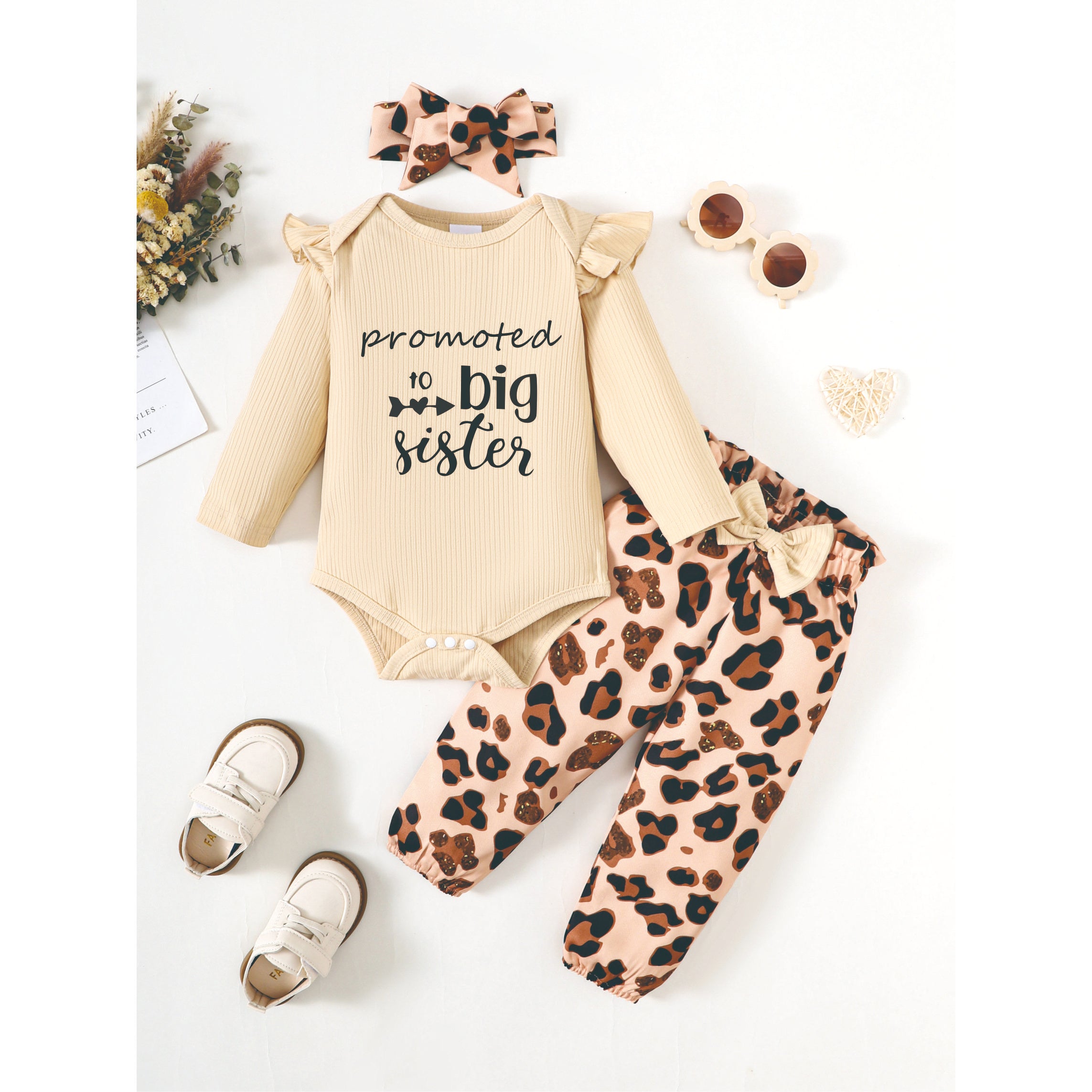0-18M Ready Stock Baby Girls Outfits Letter Graphics Ruffle Long Sleeve Autumn Romper Tops Winter Elastic Leopard Pattern Pants Headband 3Pcs Clothes Set Size:0-18M Catpapa 462308183D