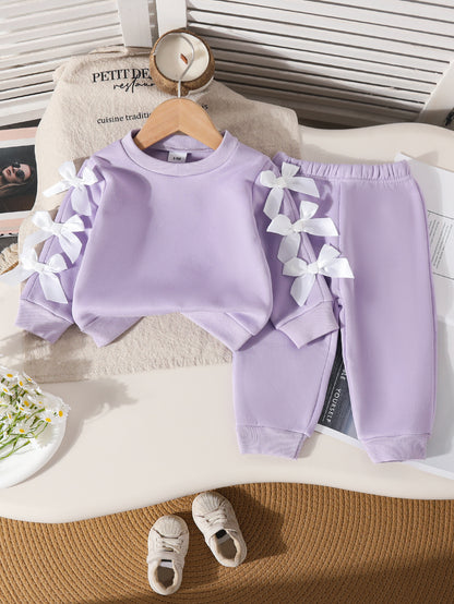 Wholesale 6M-3T Girls 2Pcs Satin Bow Long Sleeve Sweatshirt Outfit Set, Soft Cotton Knit Solid Color Toddler Top & Jogger Pants