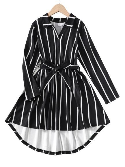 8-14Y Ready Stock 8-14y Kid Girls Fall Winter Dress Stripe Turn-down Collar Bow Dress One Piece Casual Dress Black Catpapa 462308016