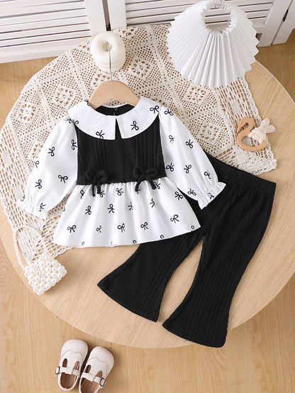 Wholesale 6M-3T Girls 2Pcs Bow Print Patchwork Long Sleeve Outfit Set, Soft Vertical Rib Knit Toddler Blouse & Flare Pants