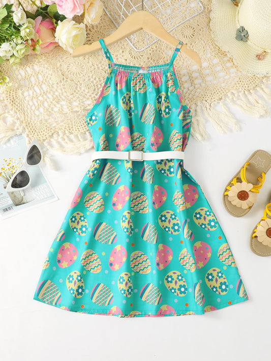 5-14Y Kids Fashion Ready Stock Big Girls Dress Easter Eggs Print Summer Straps Belt Dress One Piece Party Dress For Easter Green Catpapa 623020008