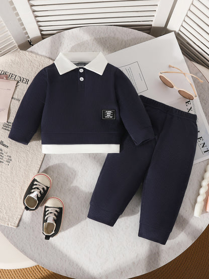 Wholesale 6M-3T Boys 2Pcs Waffle Knit Polo Sweatshirt Outfit Set, Soft Textured Fabric Toddler Fake Two-Piece Top & Jogger Pants