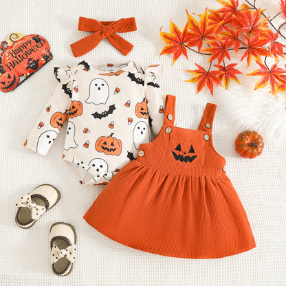 Wholesale 0-18M Baby Girls 3Pcs Halloween Ghost Pumpkin Suspender Skirt Outfit Set, Soft Rib Knit Long Sleeve Bodysuit Dress Set