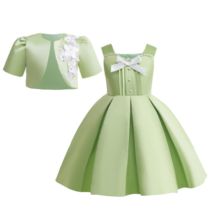 2-10Y Kid Baby Girls Princess Dress Set Sleeveless Straps Puffy Dress With Coat 2Pcs For Party Performance Green Catpapa ZT-T001