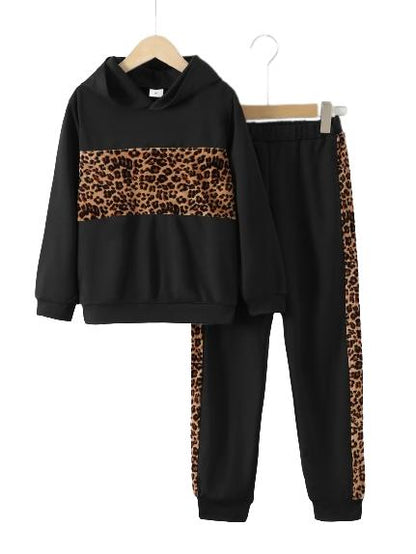 8-14Y 2pcs Girls Chic Clothes Leopard Graphic Hoodie Sweatshirt For Sports Leisure Vacation Outwear Kids Spring Fall Outfit Black Catpapa 462304003