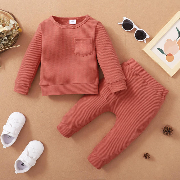 18M-5Y Kids fashion Baby Boys Clothes Boys 2PCS Outfits Baby Boys Long Sleeve Round Neckline Tops Pants Set Coral Red Catpapa 22106071-3