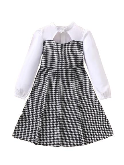 8-14Y Ready Stock Kids Girls Dress Big Girls' Trend Houndstooth Colorblock Cut-out Neck Design Long Sleeve Shirt Dress One Piece School Going Out Dress White Catpapa 462305010