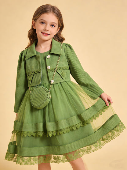 Wholesale 5-10Y Girls 3Pcs Waffle Lace Tiered Tulle Princess Dress Set, Kids Birthday Party Lapel Jacket Soft Fabric Formal Outfit With Mini Chain Bag