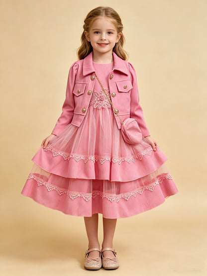 Wholesale 4-10Y Girls 3Pcs Rib Knit Lace Tulle Princess Dress Set, Kids Birthday Party Lapel Jacket Soft Fabric Formal Outfit With Mini Bag