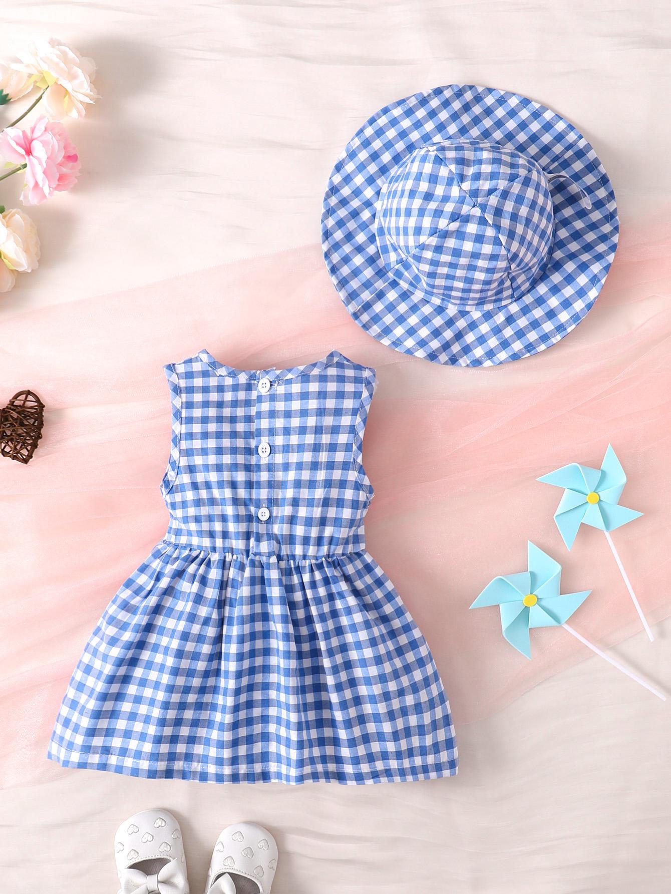 6M-3Y Kids Fashion Girls Clothes Sleeveless Plaid Bow Dress With Hat 2Pcs Blue Catpapa 112211042