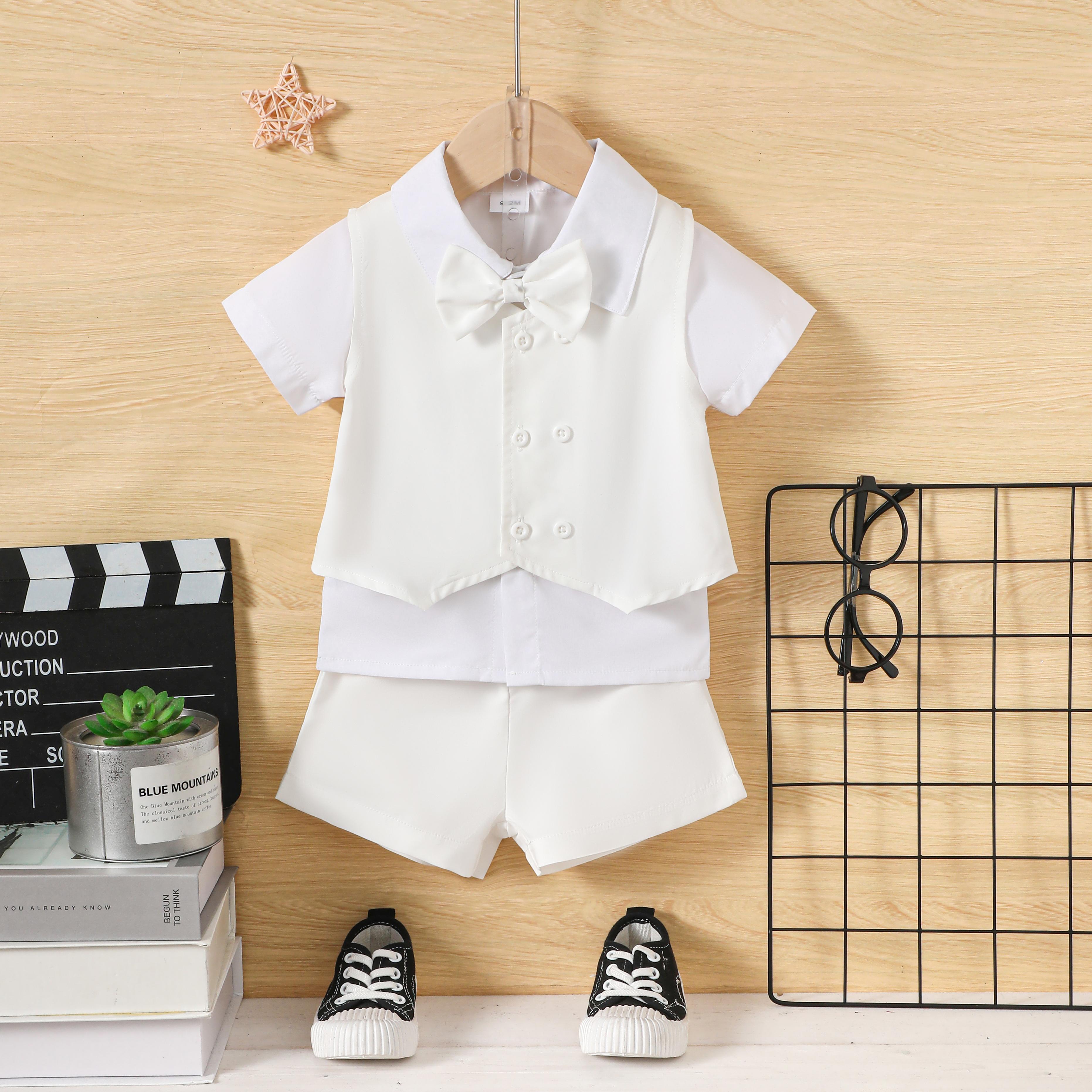 3-18M Ready Stock Baby Boys Gentle Outfits Turn-down Collar Bow Tie Shirt Vest Shorts 3Pcs Clothes Sets White For Christening Catpapa 462307162