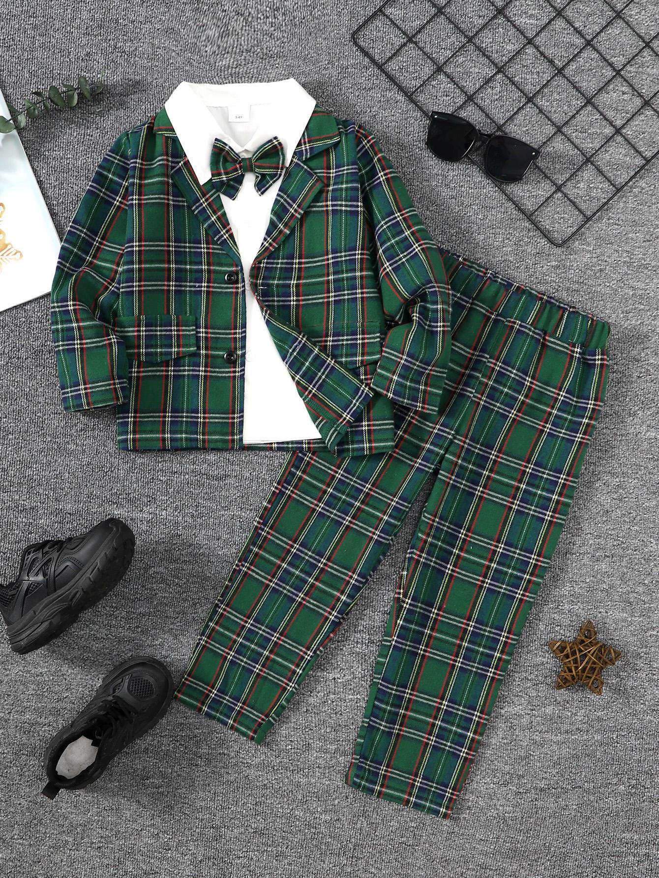 4-7Y Ready Stock 3pcs Boy's Plaid Patter Gentleman Outfit, Bowtie Shirt & Suit & Pants Set, Formal Wear For Speech Performance Birthday Party, 4-7y Kid's Clothes Catpapa 462308166
