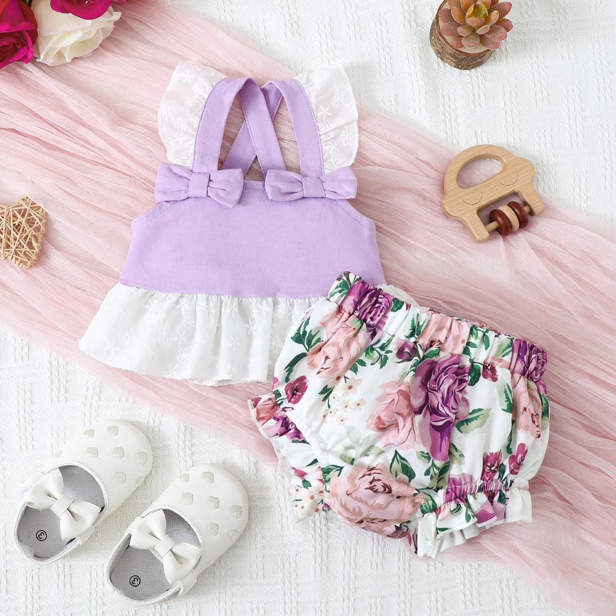 6M-3Y Ready Stock Baby Girls Summer Clothes Lace Bow Straps Tops Elastic Shorts 2pcs Outfits Purple Catpapa GS112211302