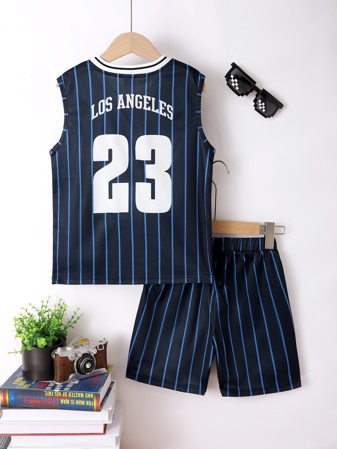 7-15Y Ready Stock  Kid Boys Sport Style Clothes Number Print Stripe Sleeveless Tanks Tops Elastic Shorts 2pcs Casual Outfits Black Catpapa 462312004