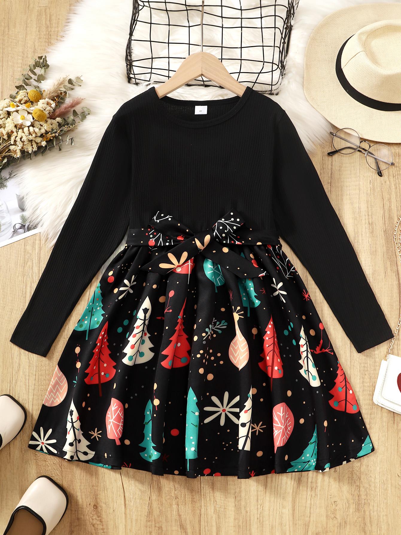 8-14Y Ready Stock  Big Girls Dress Christmas Tree Print Bow Belt Splice Fall Winter Dress One Piece Feast Dress Black Catpapa  462308010