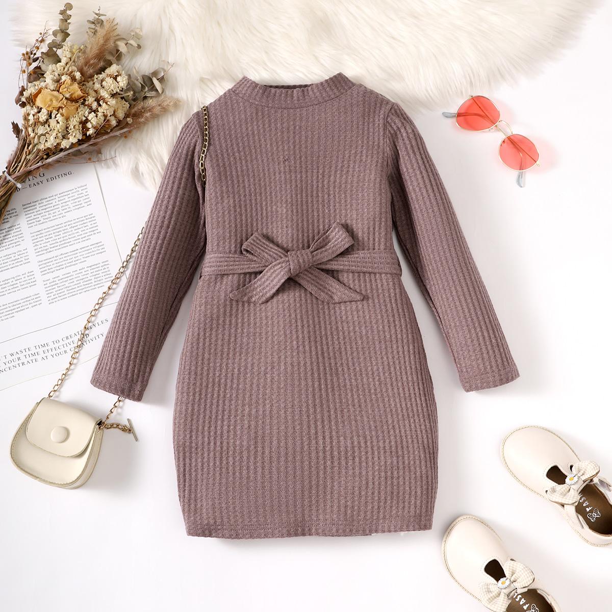 1-8Y Ready Stock Toddler Girls Fall Winter Clothes Waffle Knit Long Sleeve Dress With Belt Pinkish PurpleCatpapa 462304006