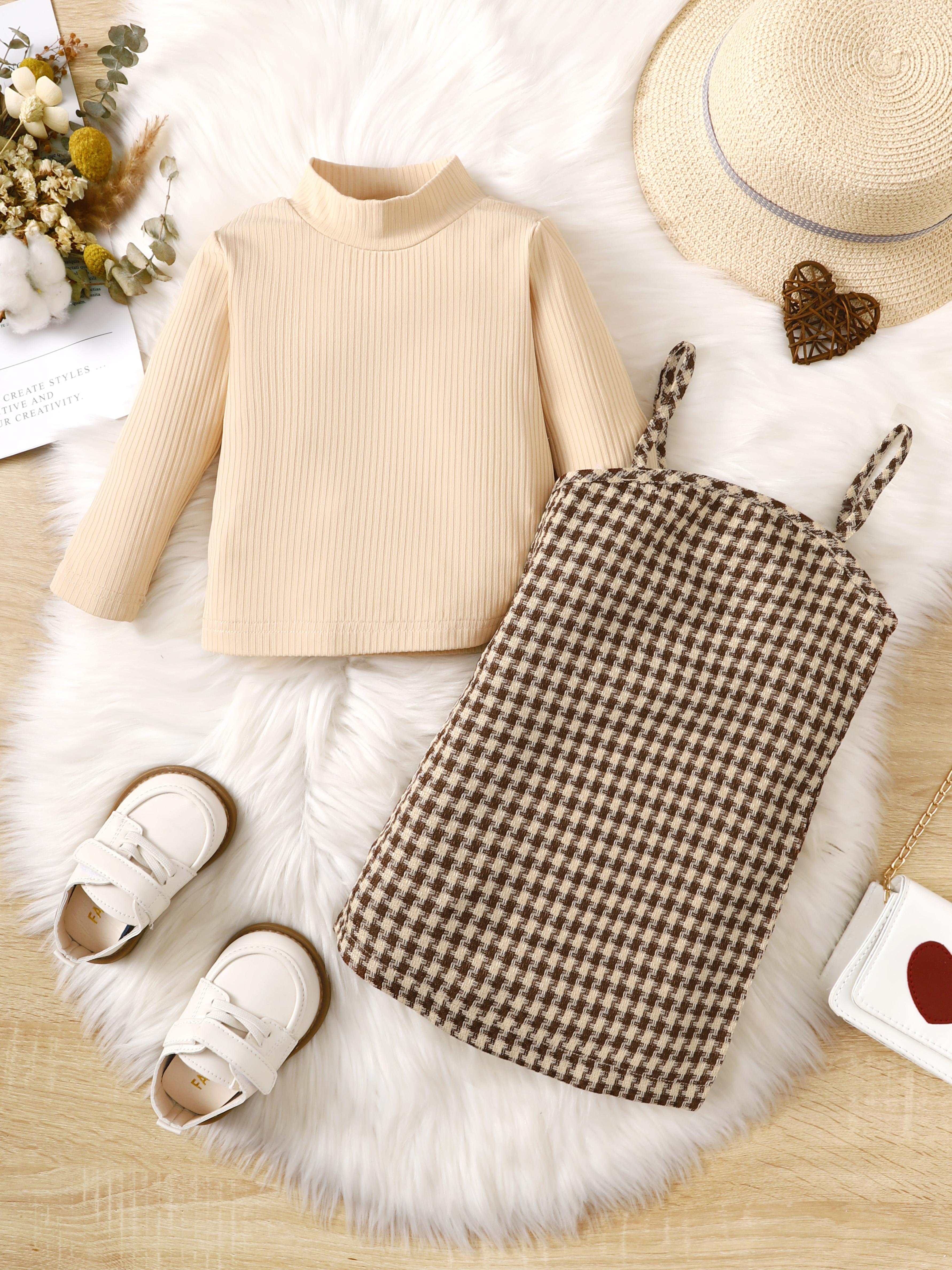 9M-4Y Ready Stock Baby Girl Solid Color Long-sleeve Stand-up Collar Tops Checker Suspender Dress For Fall 2Pcs Suit Apricot Catpapa 462305153