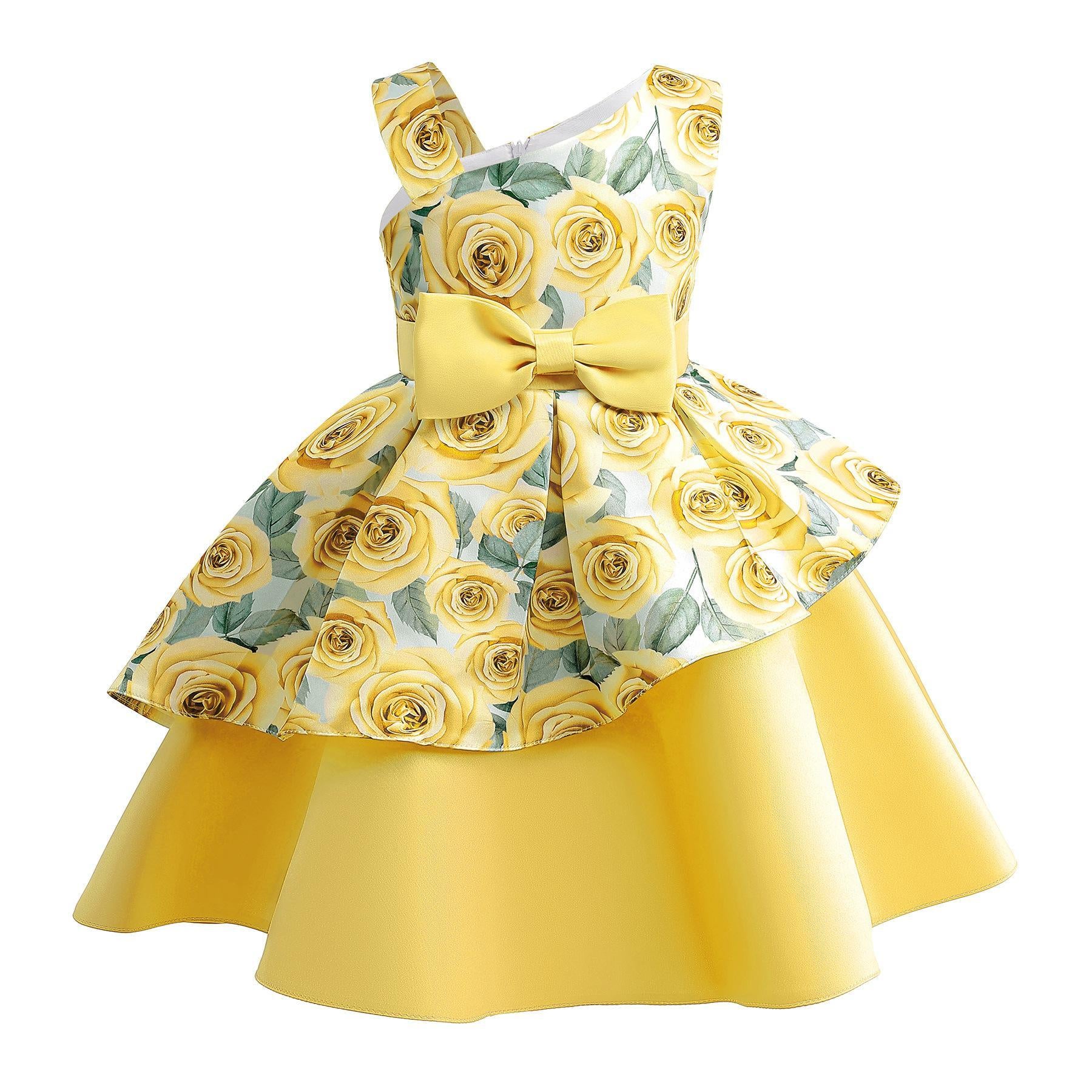 2-10Y Baby Girls Princess Dress Floral Bow Sloping Shoulder Summer Performance Dress One Piece Party Dress Catpapa ZT-8576