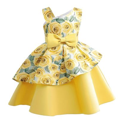 2-10Y Baby Girls Princess Dress Floral Bow Sloping Shoulder Summer Performance Dress One Piece Party Dress Catpapa ZT-8576