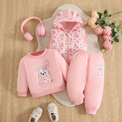 Wholesale 6M-3T Girls 3Pcs Floral Ear Hooded Vest Outfit Set, Soft Cotton Knit Bunny Embroidery Toddler Sweatshirt & Jogger Pants