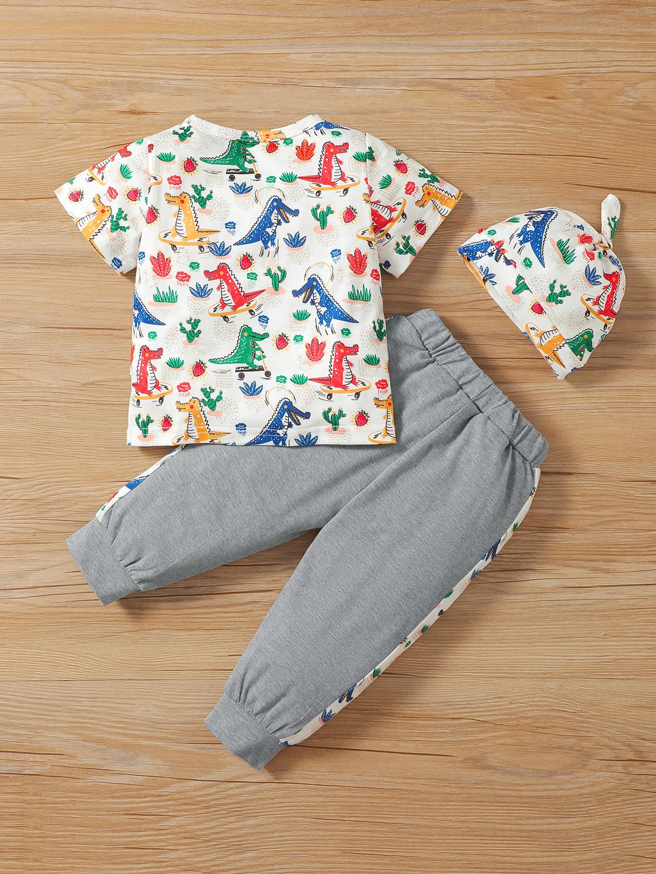 6M-3Y Kid Fashion Ready Stock Baby Boys Clothes OOTD Dinosaur Short Sleeve Elastic Pants Hat 3Pcs Outfits Gray Catpapa 122205754