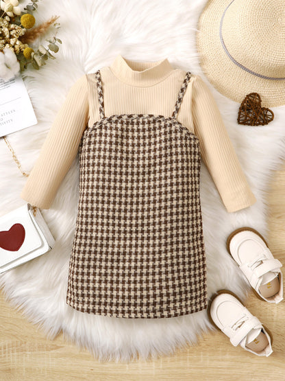 9M-4Y Ready Stock Baby Girl Solid Color Long-sleeve Stand-up Collar Tops Checker Suspender Dress For Fall 2Pcs Suit Apricot Catpapa 462305153