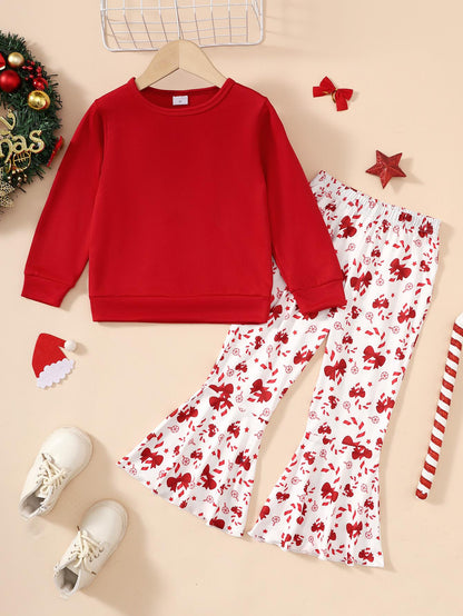 4-7Y Ready Stock Kid Toddler Girls Fall Winter Outfits Pants Sets Solid Color Sweatershirt Tops Elastic Cartoon Print Bell-bottomed Trousers 2Pcs Casual Clothing Size:4-7T Red Catpapa 462309152