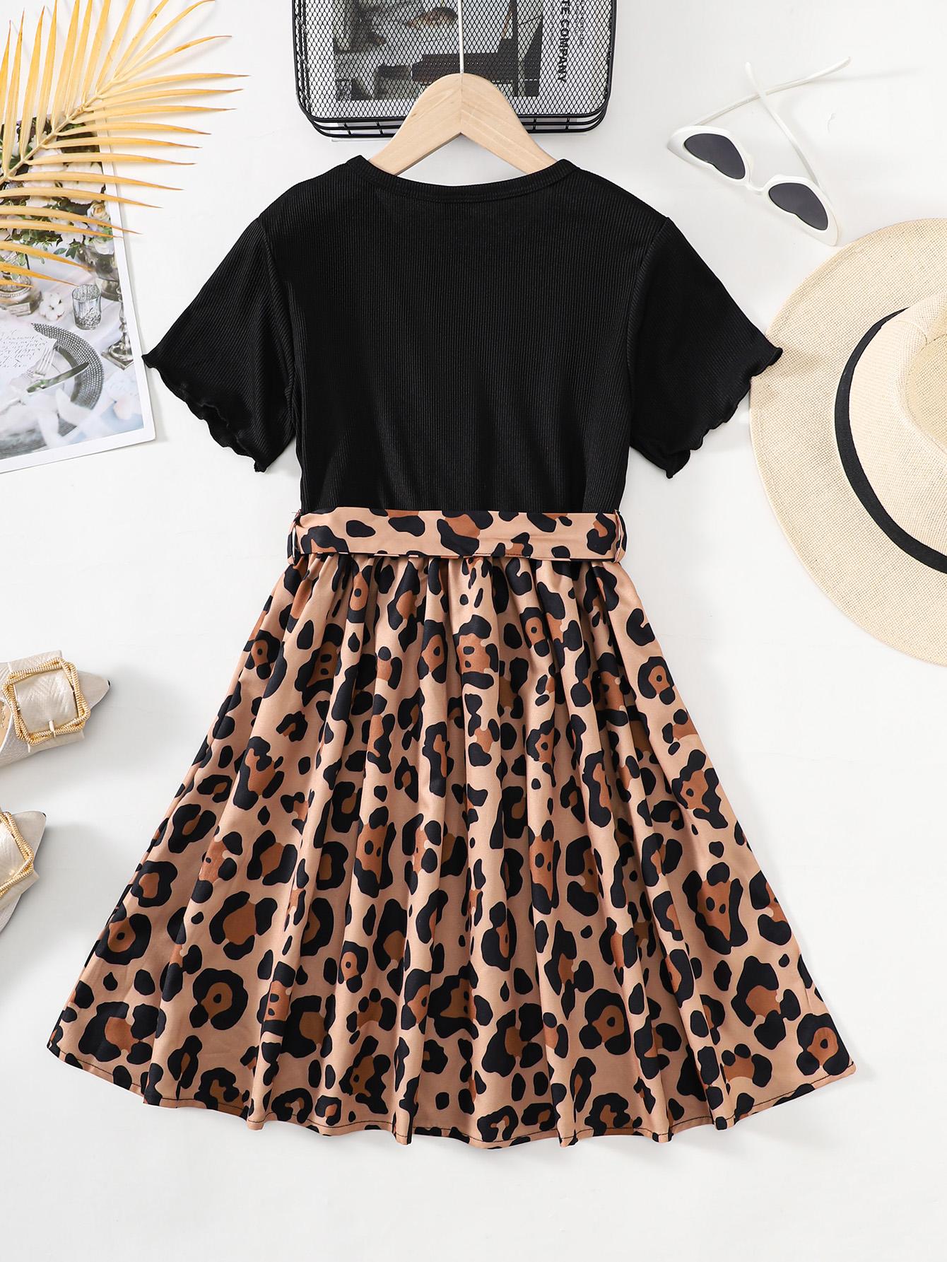 8-14Y  Ready Stock  Big Girls Dress Leopard Print Splice Short Sleeve Summer Casual Dress With A Belt Black  Catpapa 462311016