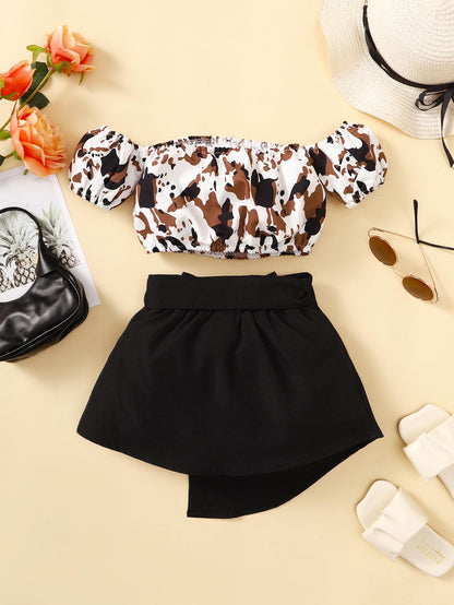 9M-4Y baby girl summer one shoulder puff sleeve black cow pattern skirt suit baby girl clothes Catpapa 122110018-1