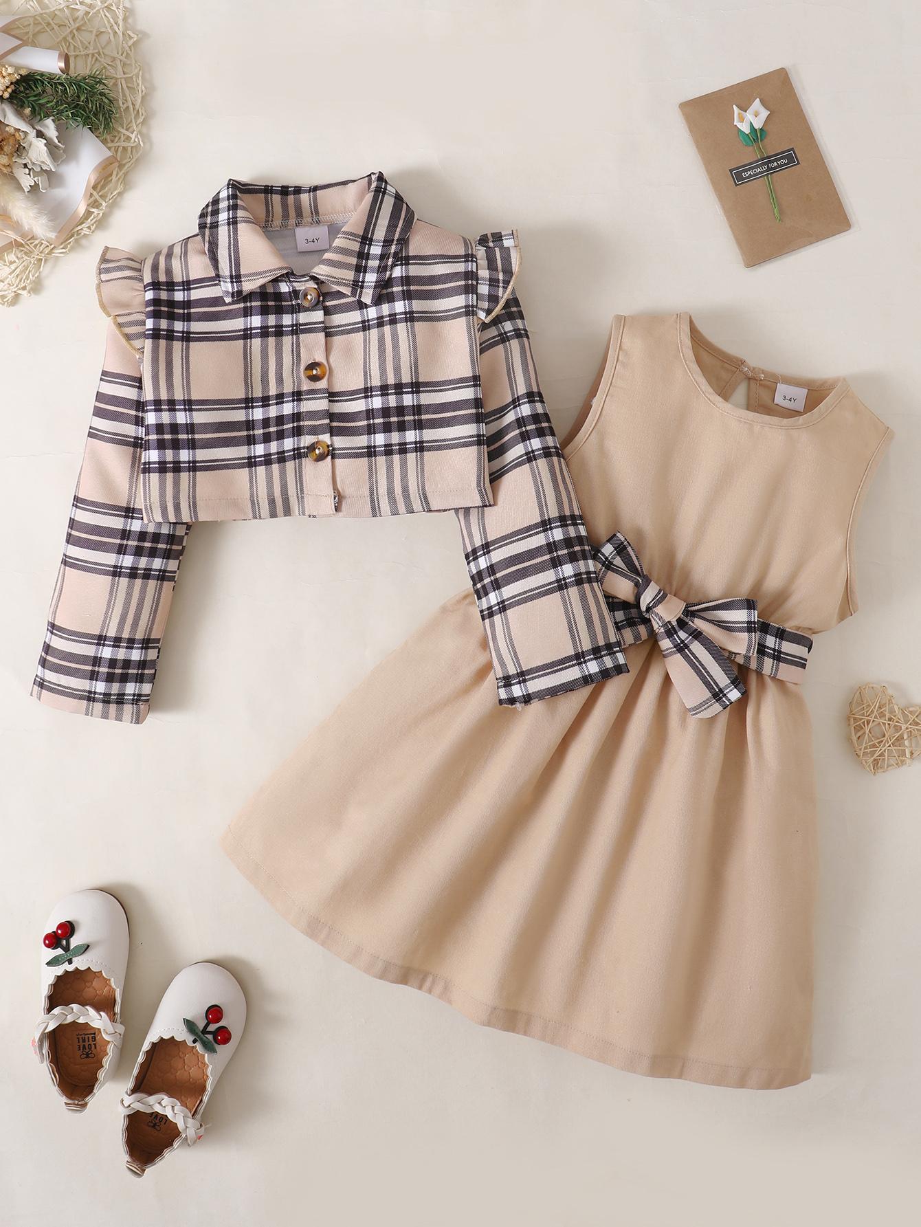 18M-5Y Baby Girls Outfits Turn-down Collar Plaid Ruffle Sleeve Coat Sleeveless Bow Dress 2Pcs Clothes Set Apricot Catpapa 122210602