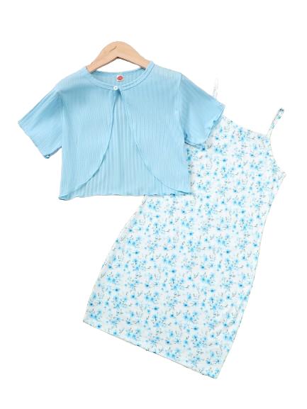 7-14Y Ready Stock Outfit For 7-14y Big Girls Short Sleeve Cardigan Top + Floral Print Cami Dress Holiday Casual Set, Summer 2PCS Girls Clothes Catpapa 462401050