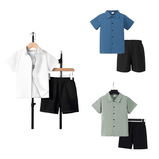7-15Y Ready Stock Boys' Easy-Care 100% Polyester Summer Outfit: Casual Button-Down Shirt & Shorts Set with Elastic Waist Sizes 7-15Y Catpapa 462401009