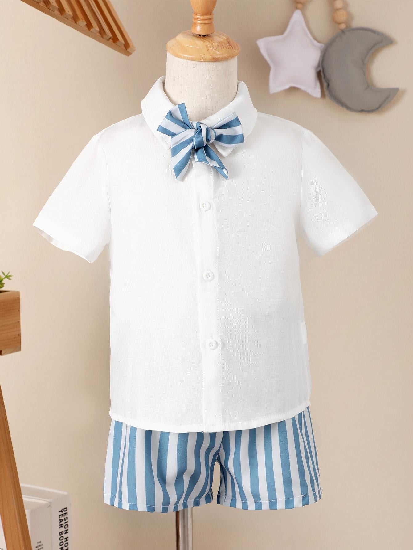 3-7Y Ready Stock Baby Boys Clothes Turn-down Collar Tops Elastic Stripe Shorts 2Pcs Gentle Outfits Blue Catpapa 212211005
