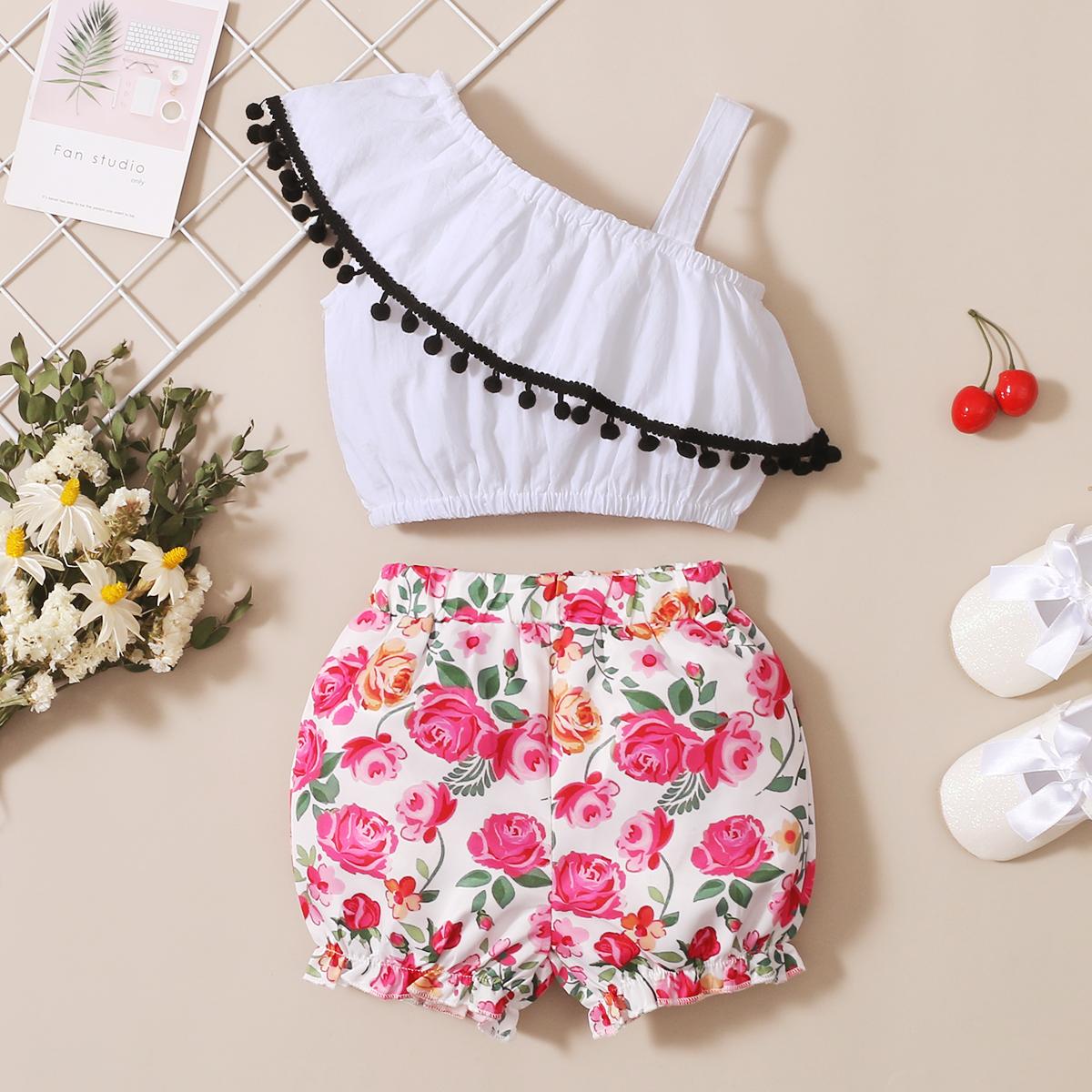 6M-3Y Ready Stock 6m-3y Baby Girls Clothes Summer One Shoulder Lotus Leaf Collar Tops Floral Shorts 2Pcs Outfits Catpapa 22103013