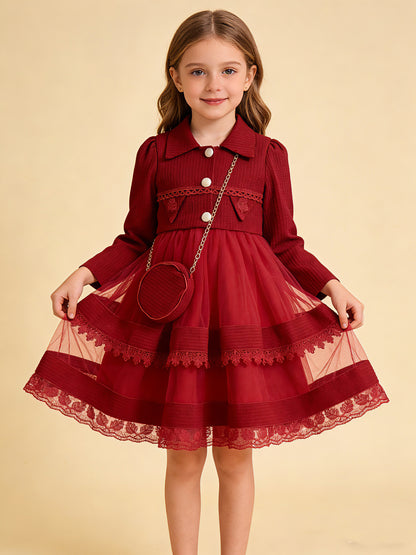 Wholesale 5-10Y Girls 3Pcs Waffle Lace Tiered Tulle Princess Dress Set, Kids Birthday Party Lapel Jacket Soft Fabric Formal Outfit With Mini Chain Bag