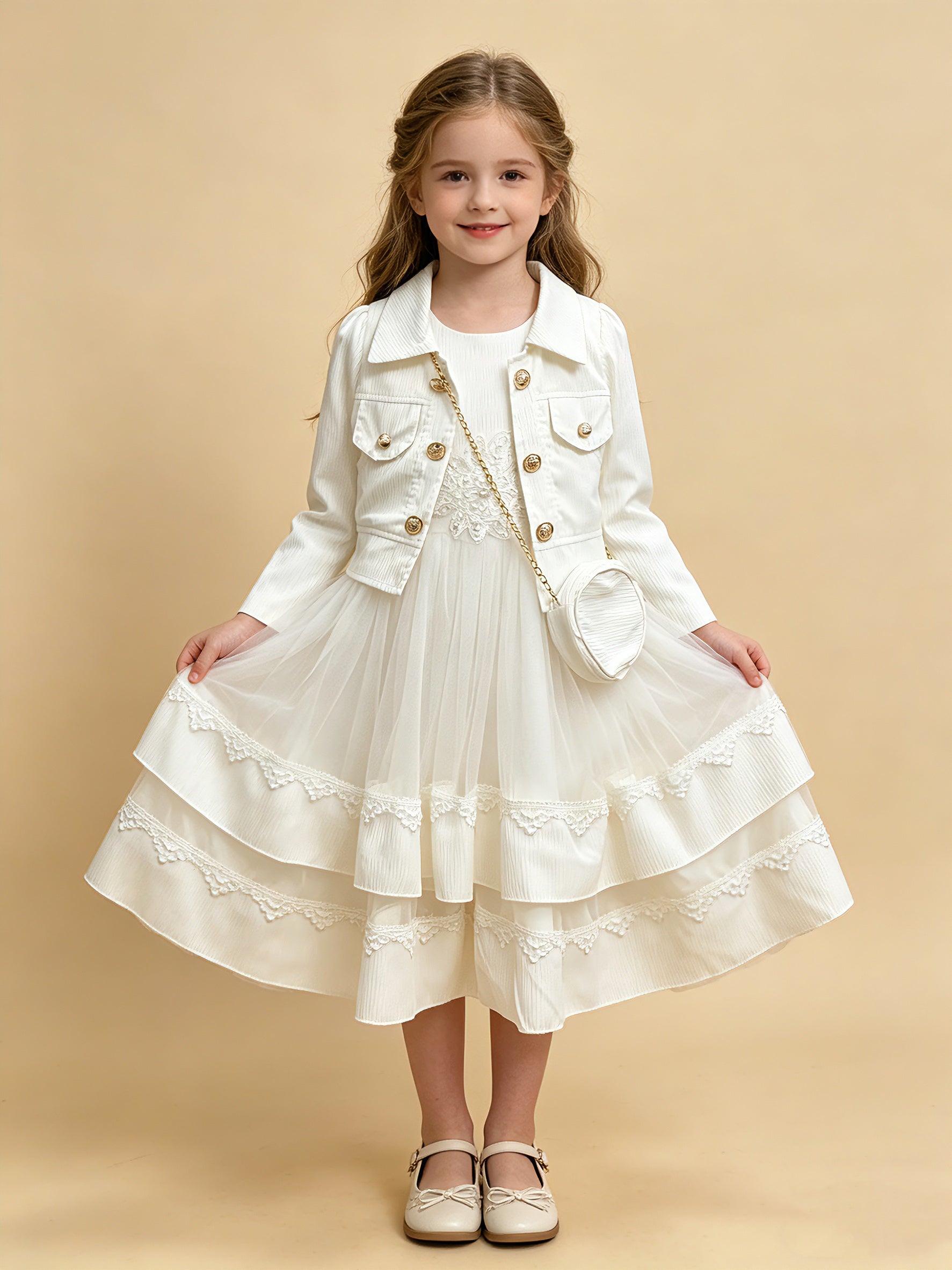 Wholesale 4-10Y Girls 3Pcs Rib Knit Lace Tulle Princess Dress Set, Kids Birthday Party Lapel Jacket Soft Fabric Formal Outfit With Mini Bag